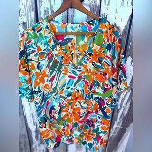 JODIFL Orange and Blue Graphic Short Sleeve Blouse Size Small